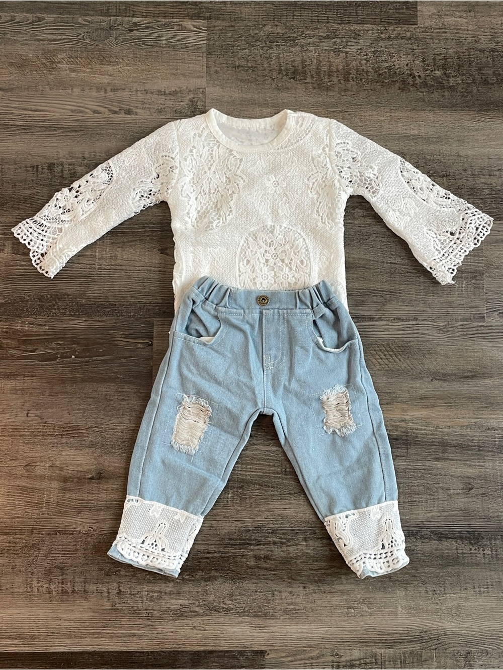 White Lace Onesie Top and Light Blue Denim-Style Baby Bottoms Set 12-18 Months